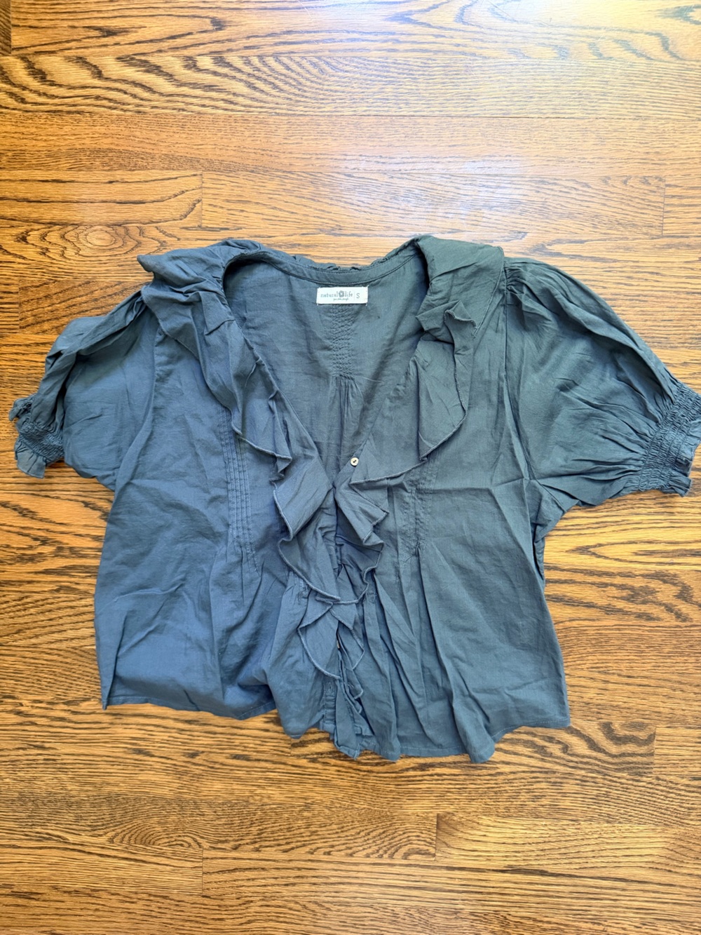 NATURAL LIFE muted slate blue ruffle-trim top